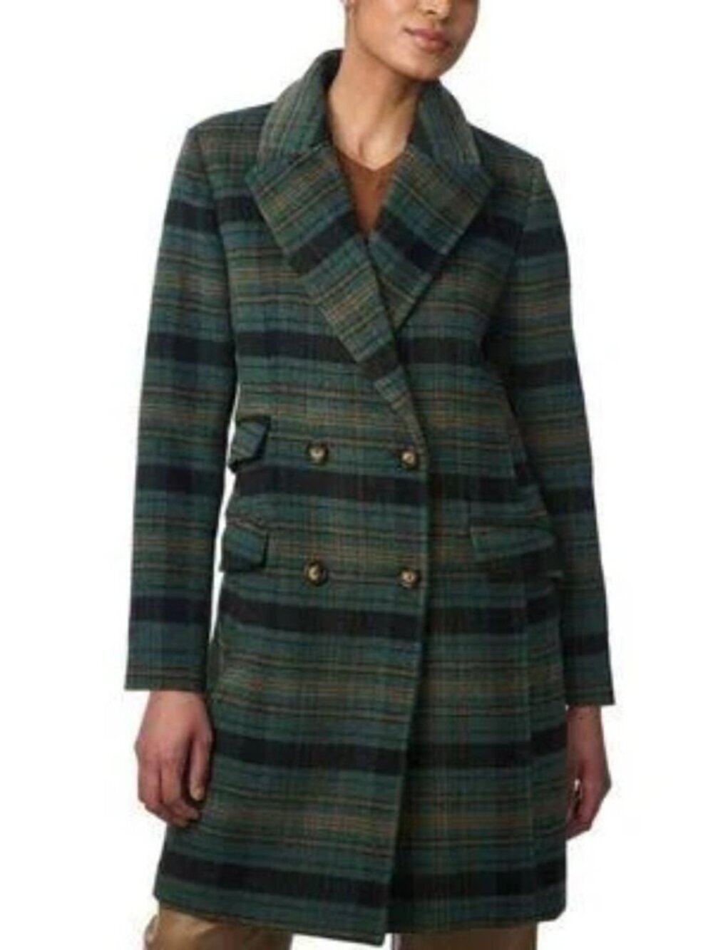 NWT Bernardo Wool Plaid Double Breasted Coat Green Medium